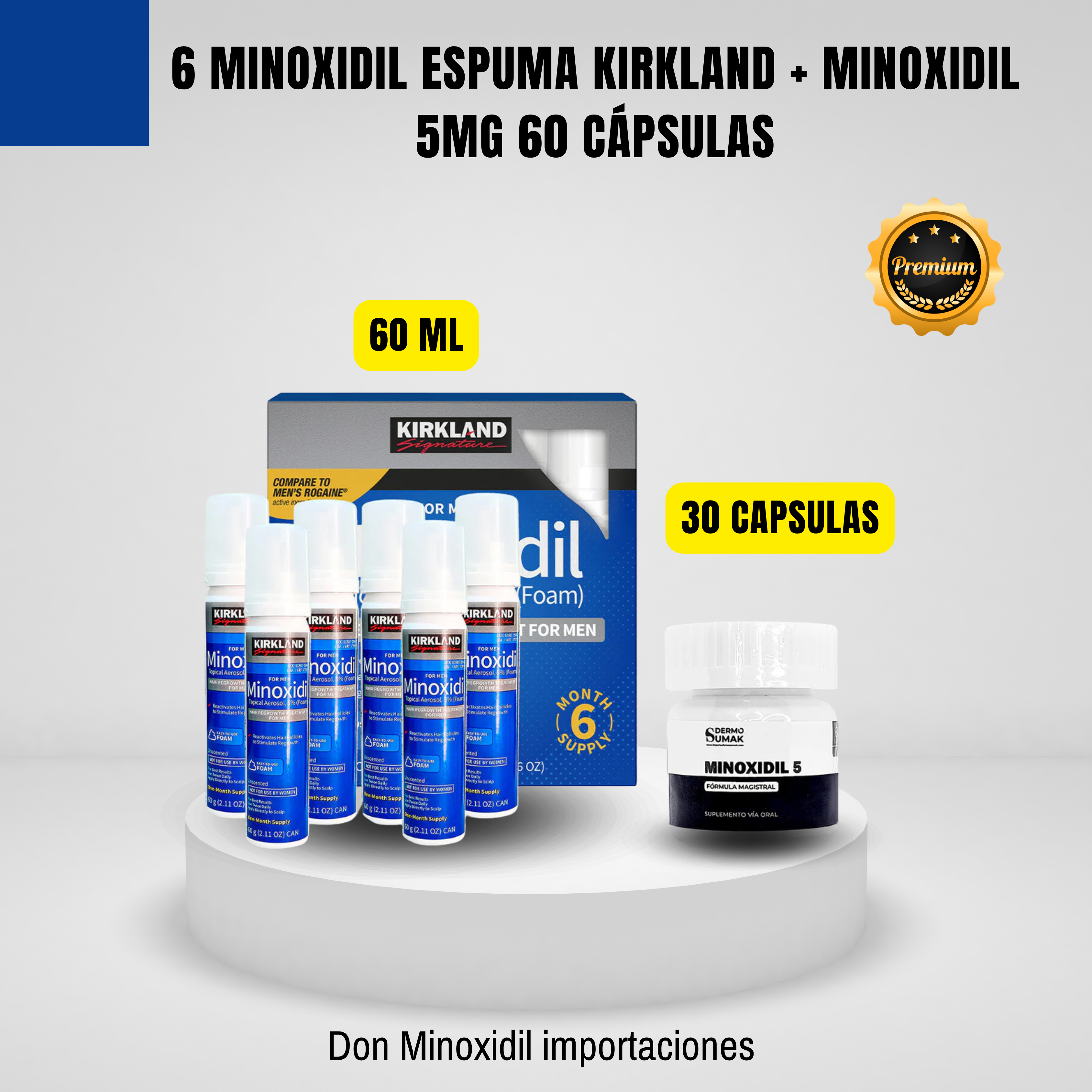 6 Minoxidil Líquido Kirkland + MINOXIDIL 5MG 60 CÁPSULAS