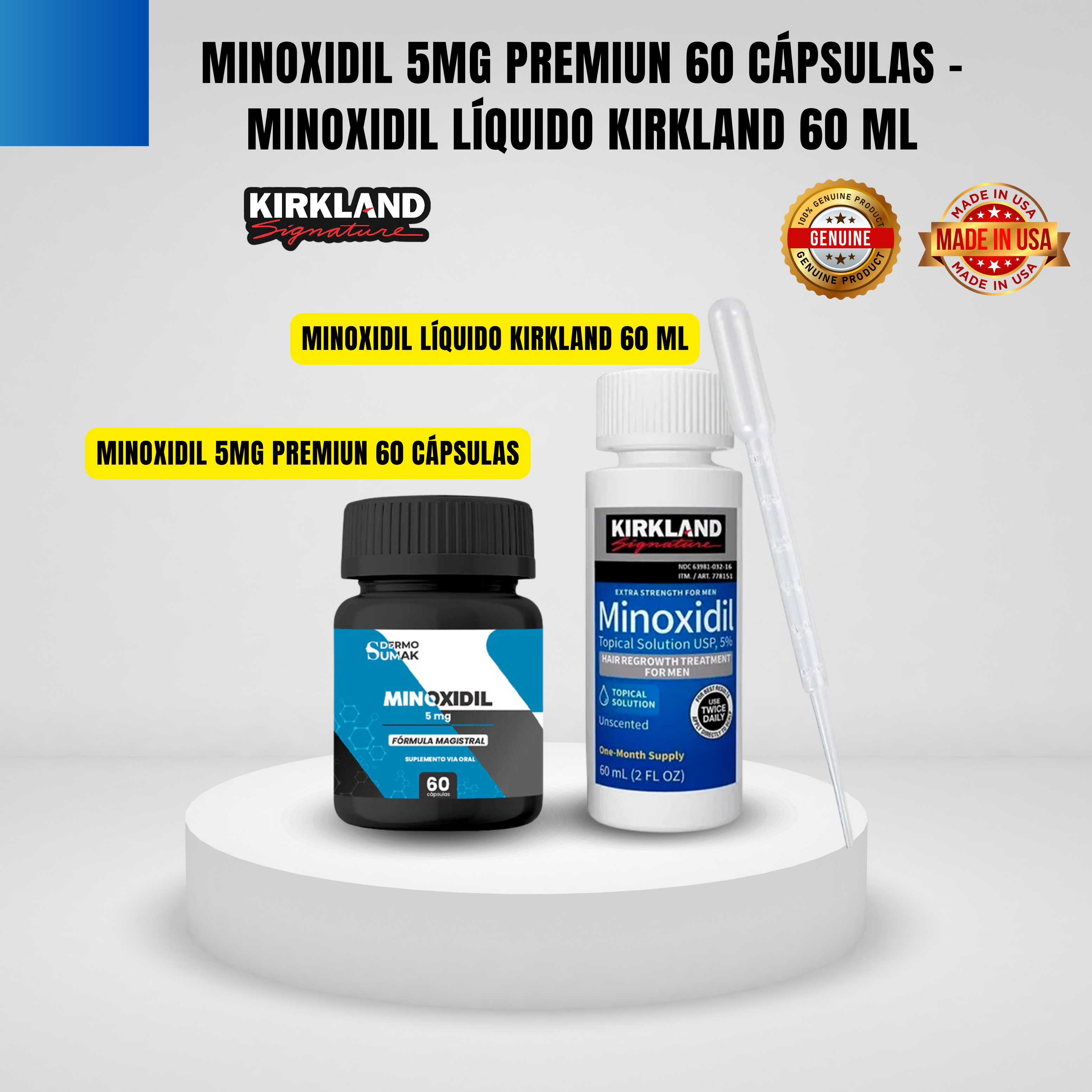 MINOXIDIL 5MG PREMIUN 60 CÁPSULAS - DERMOSUMAK|Minoxidil Líquido Kirkland 60 ml